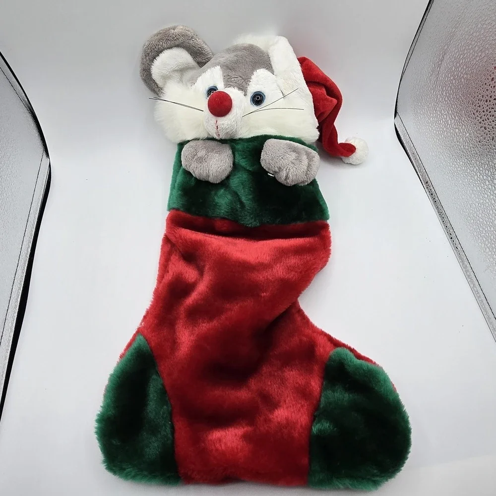 VTG Stuffed‎ Plush Gray Mouse Christmas Stocking